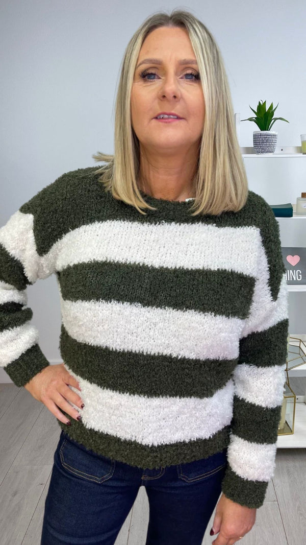 Millie- Green/Cream Stripe Fluffy Knit Jumper