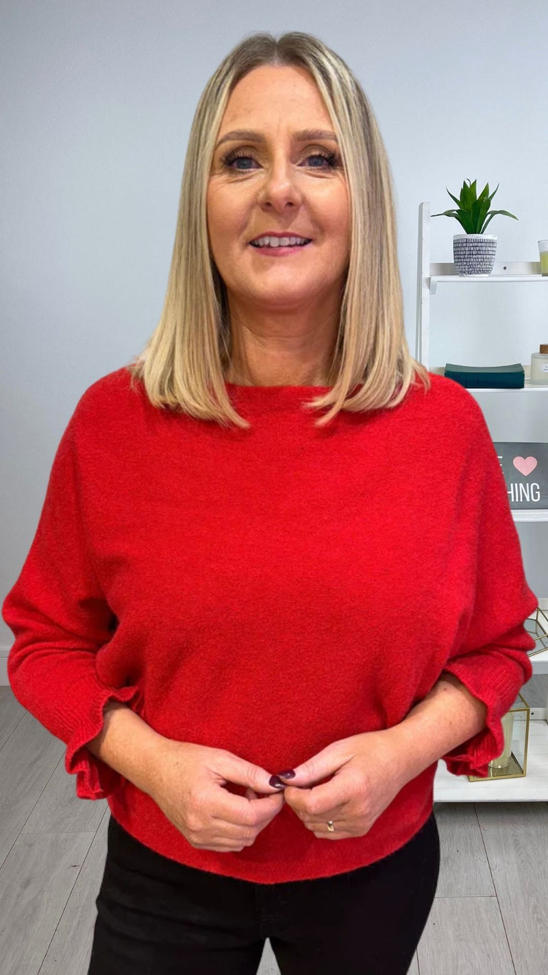Anne - Frill Sleeve Soft Stretch Jumper Red