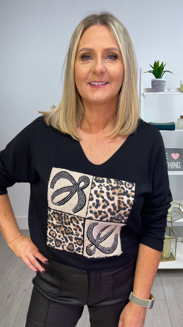 Michelle- Black Animal Print Stud V Neck  Top