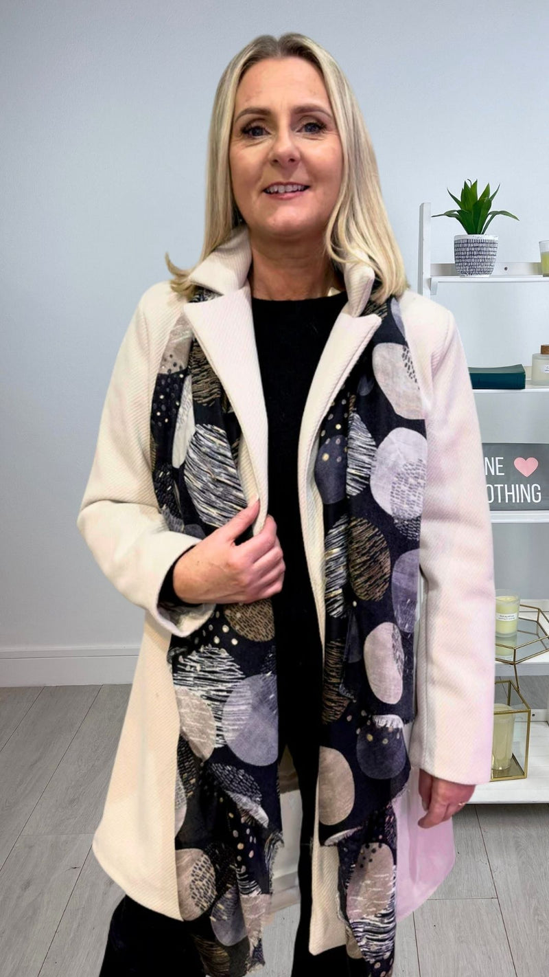 Evie - Black/Beige Circle Print Lightweight Scarf