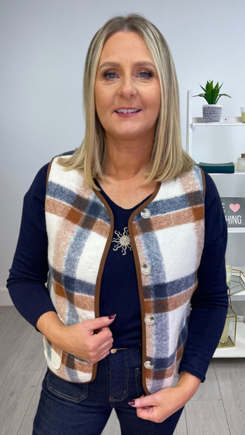 Pam - Tan/Navy Check Button Waistcoat