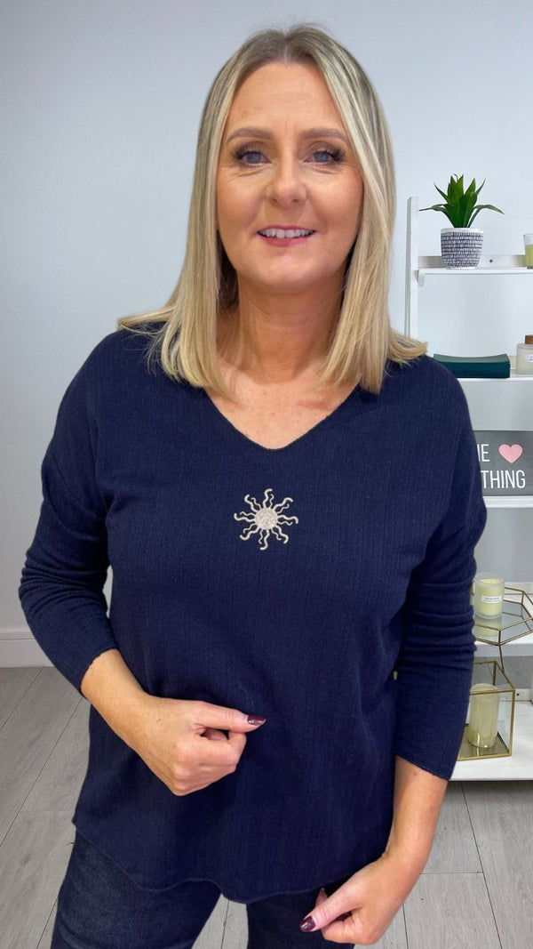Sue - Navy V Neck Gold Sun Logo Top