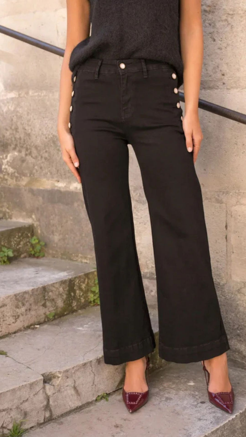 Harper - Black  Denim Button Stretch Jeans