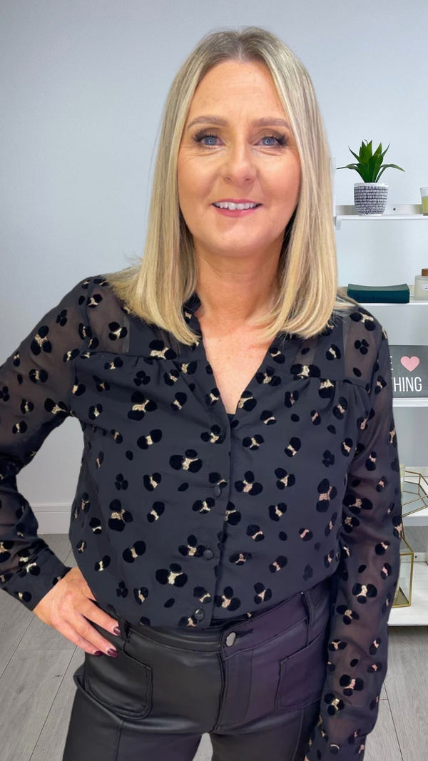 Isla - Black/Gold Flocked Ruffle Neck Top