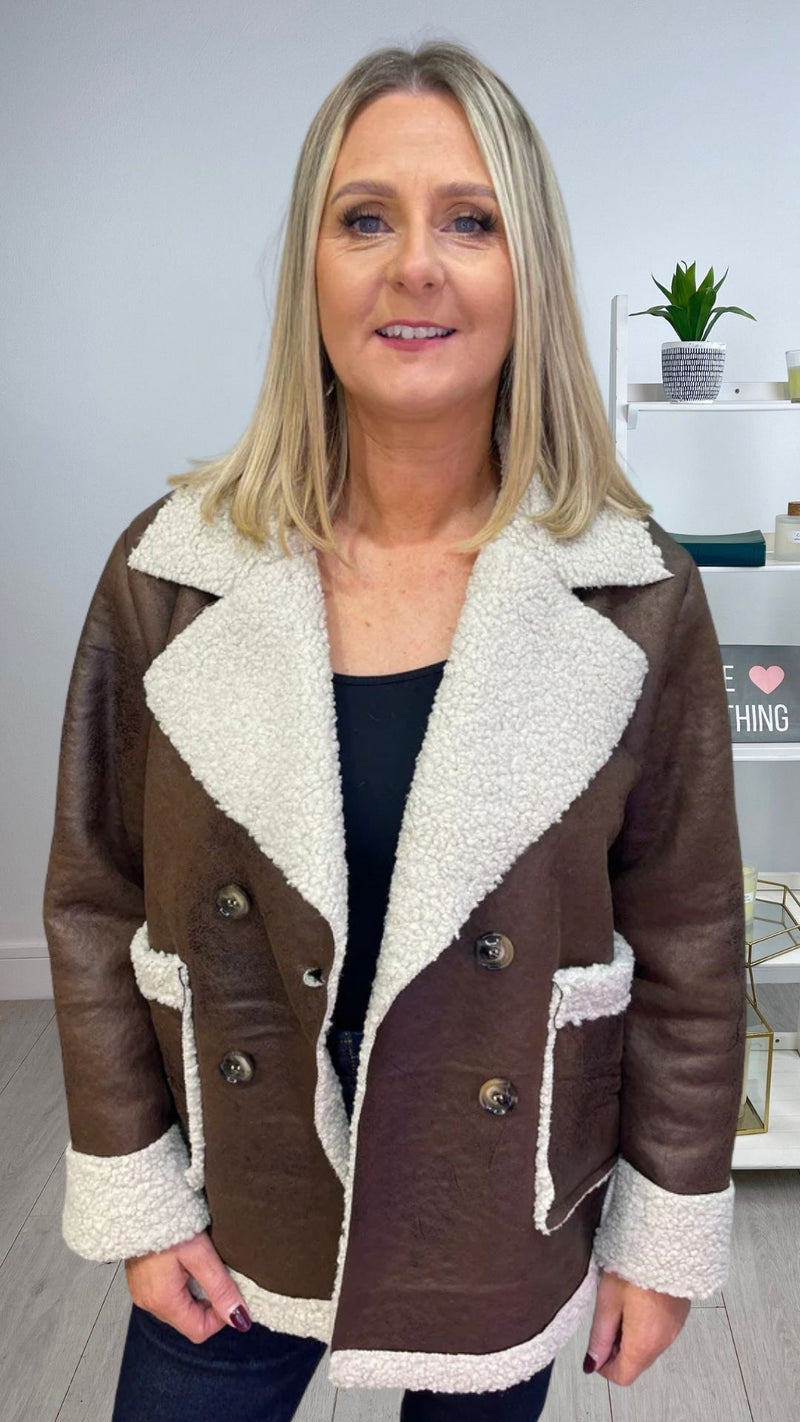 Fred - Brown Faux Distressed Shearling Look Jacket