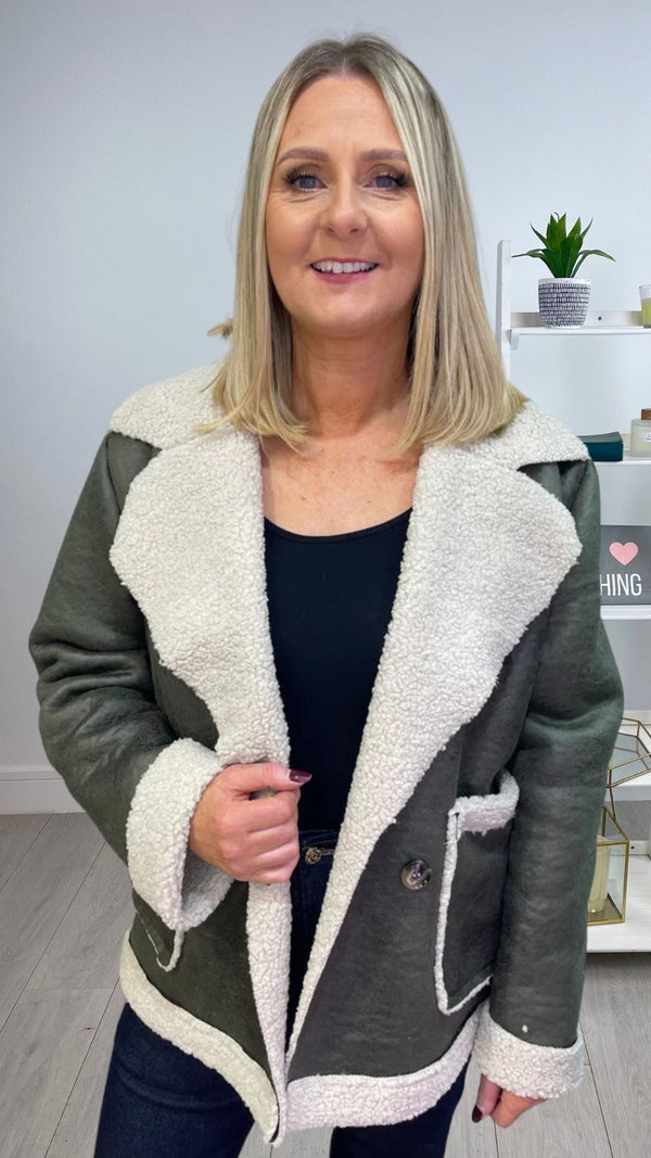 Fred - Khaki Faux Distressed Shearling Look Jacket