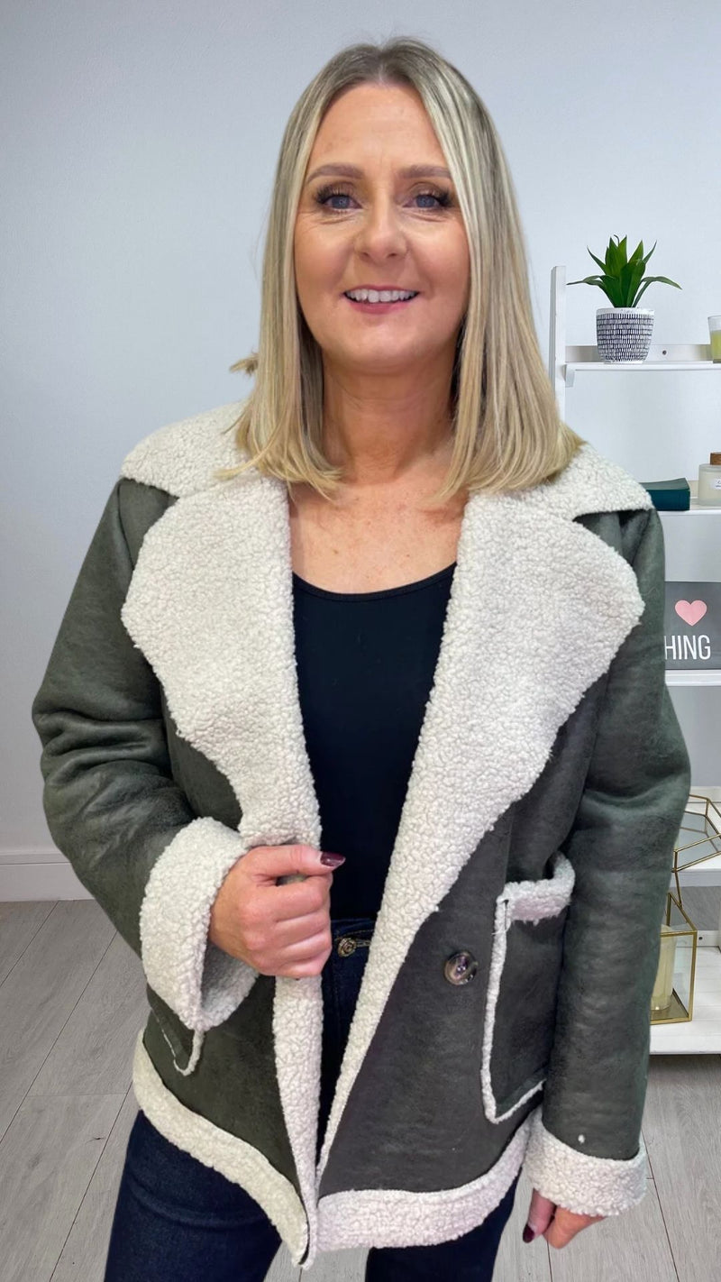 Fred - Khaki Faux Distressed Shearling Look Jacket