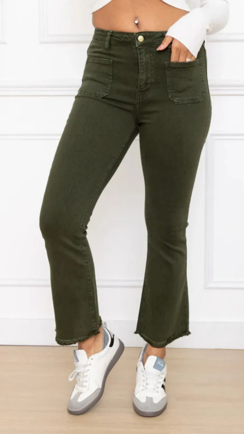 Cassie - Khaki Pocket Stretch Cropped Jeans