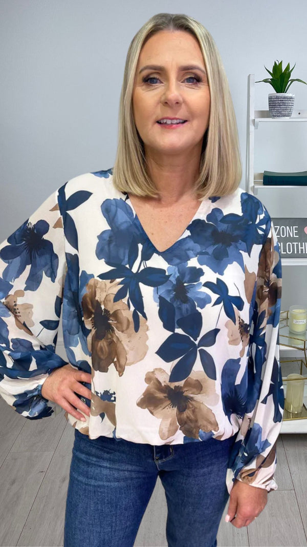 Naomi -  pre order dis 26 Aug Blue/Cream Floral Lined bubble Hem top