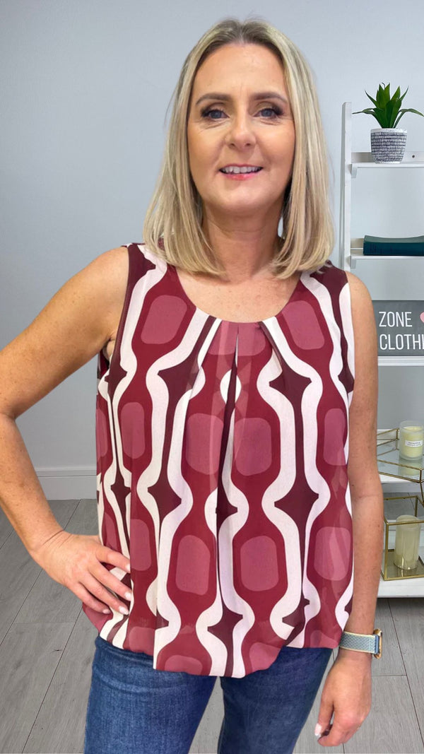 Ava - Wine Geo Print Bubble Hem Top