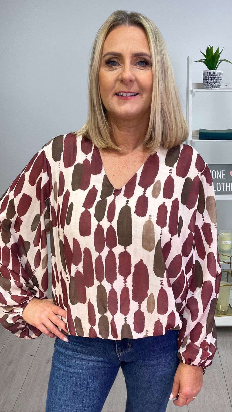 Naomi - Wine/Chocolate Print Lined bubble Hem top