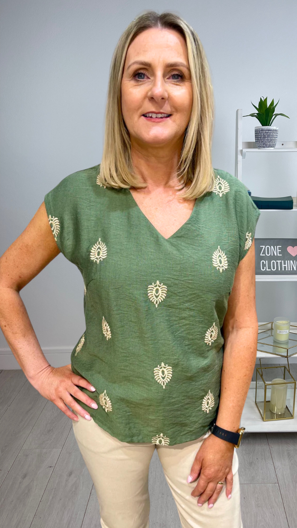 Adele - Khaki Embroidery V Neck Top