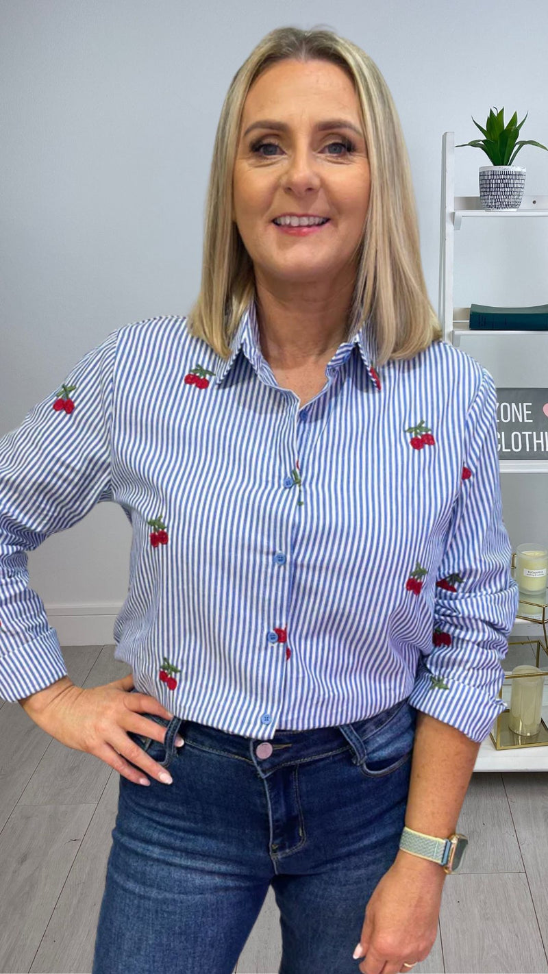 Carrie - Blue Stripe Cherry Embroidered Top