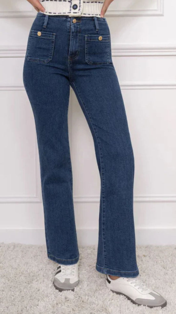 Leo - Denim Blue Stretch Button Pocket Jeans