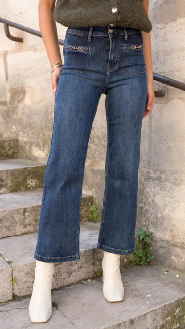 Taylor - Blue Denim Buckle Detail Straight Denims