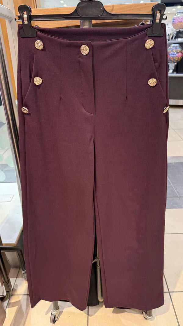 Belle - Plum Button Pocket Wide Leg Trousers