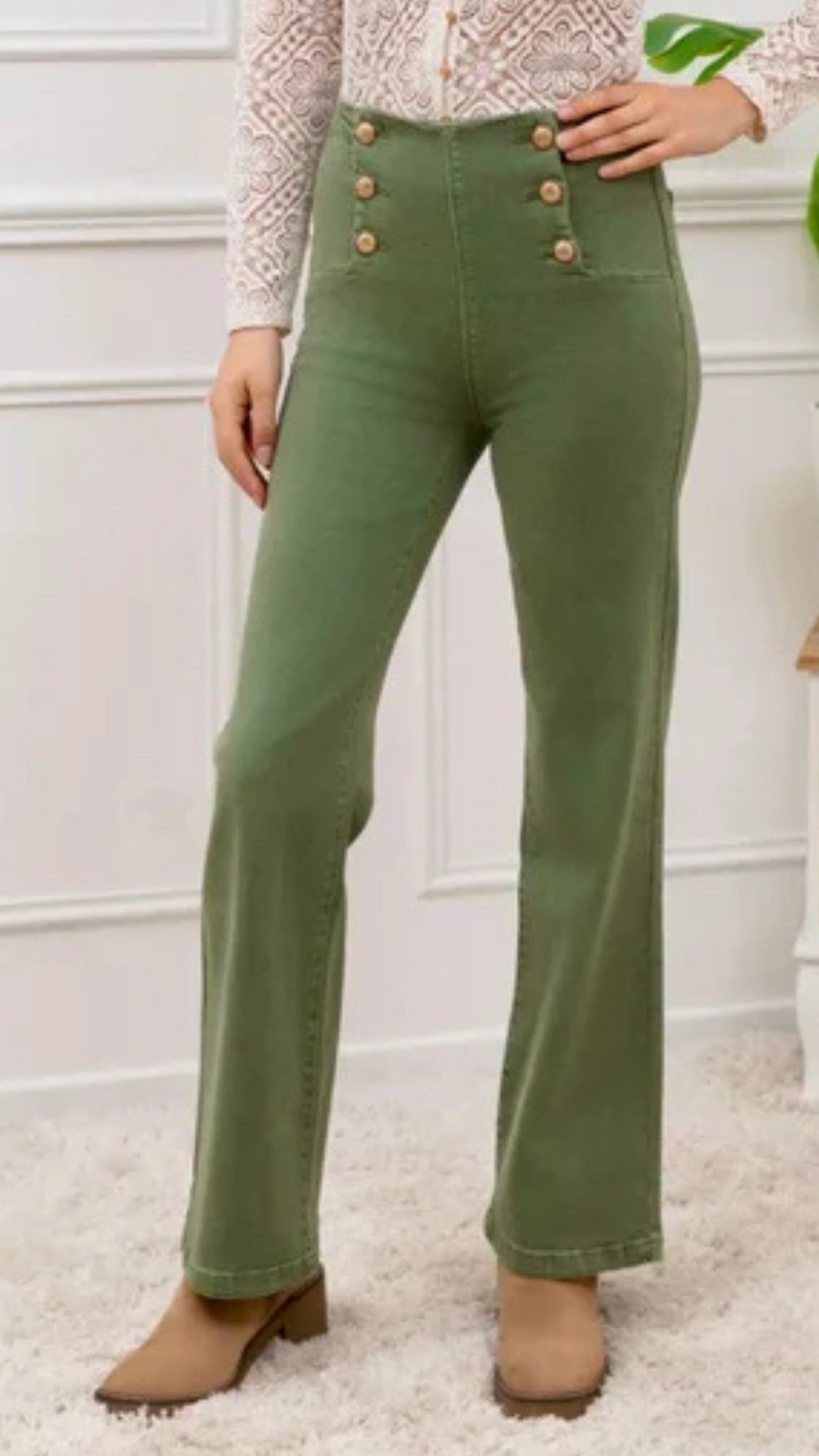 Billie - Gold Button Detail Green Jean