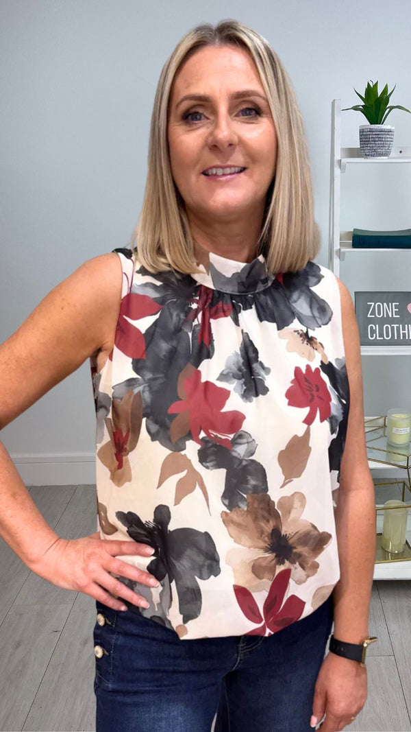 Stella - pre order dis 22 June Wine/Grey Floral  Print Lined Top