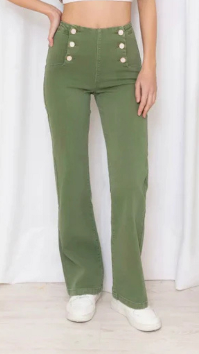 Georgie - Khaki Jean White Button
