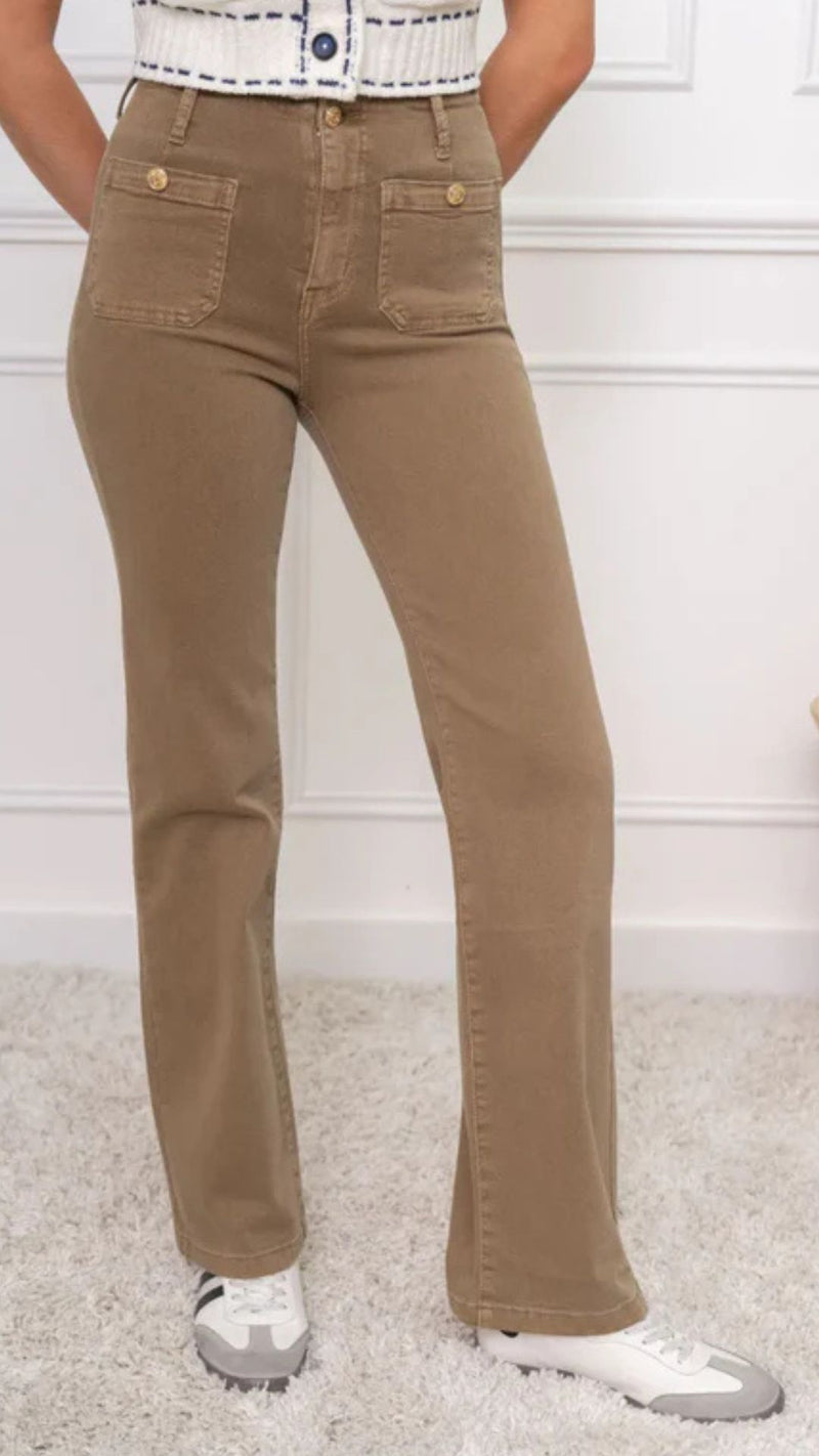 Leo - Taupe Stretch Button Pocket Jeans