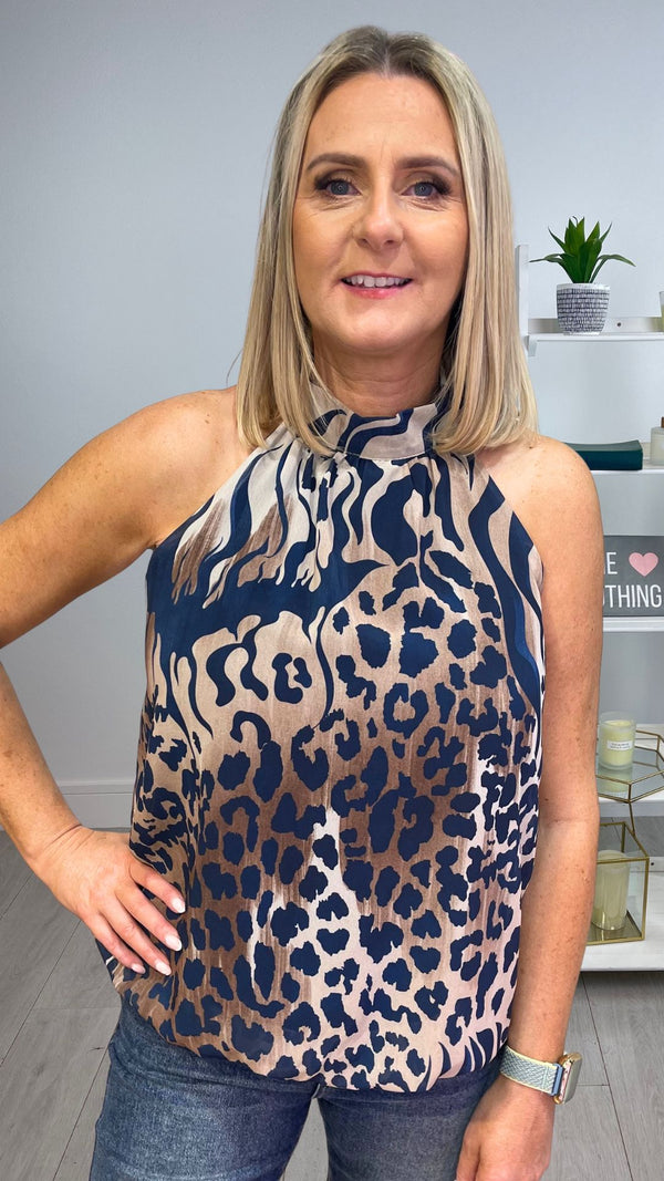 Harper - Blue/Beige Multi Print Halter Neck Top