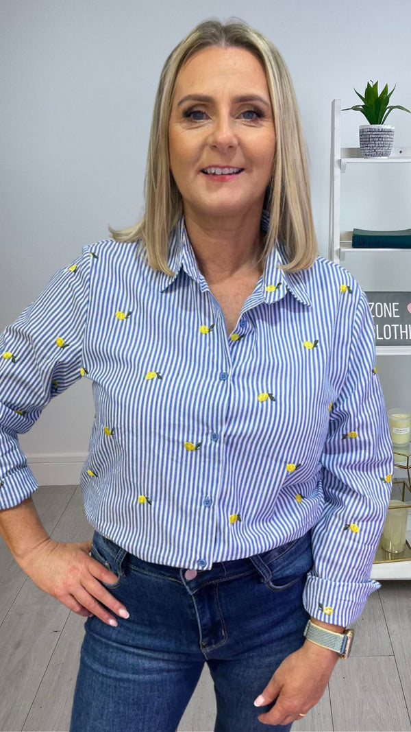Lucy - Blue Stripe Lemon Embroidery Top
