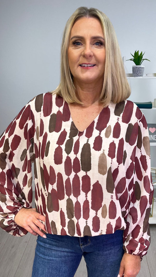 Naomi - Wine/Chocolate Print Lined bubble Hem top