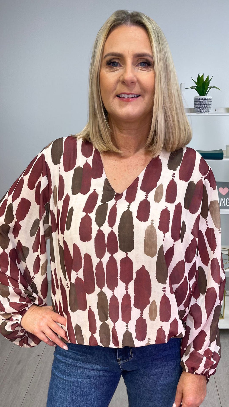 Naomi - Wine/Chocolate Print Lined bubble Hem top