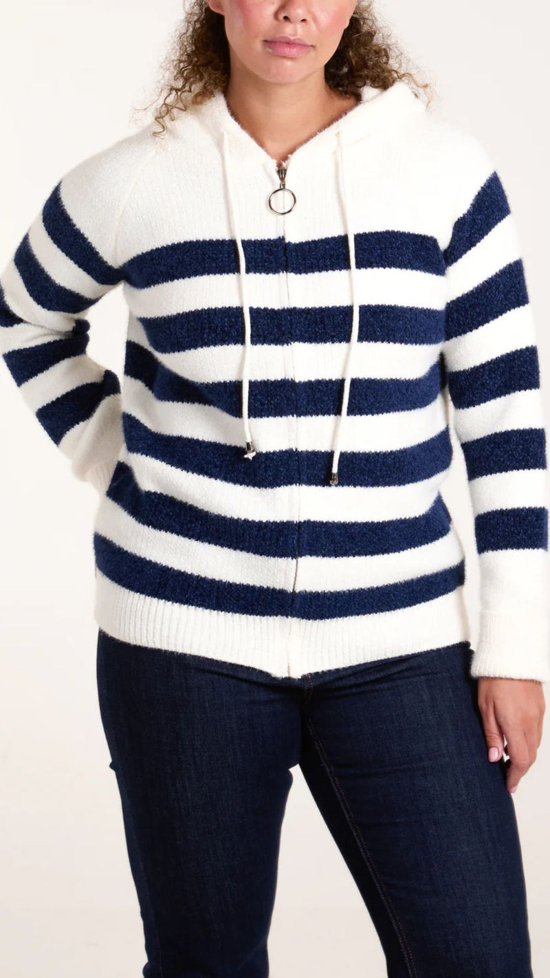 Abbie - Navy/Cream Zipped Hooded Knit