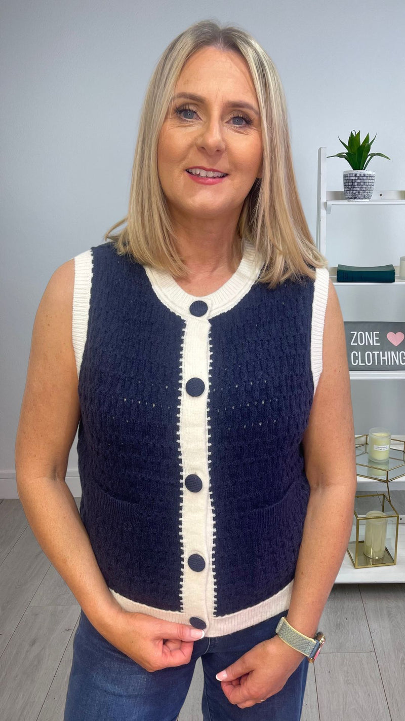 Olivia - Blue/Cream Button Knit Waistcoat
