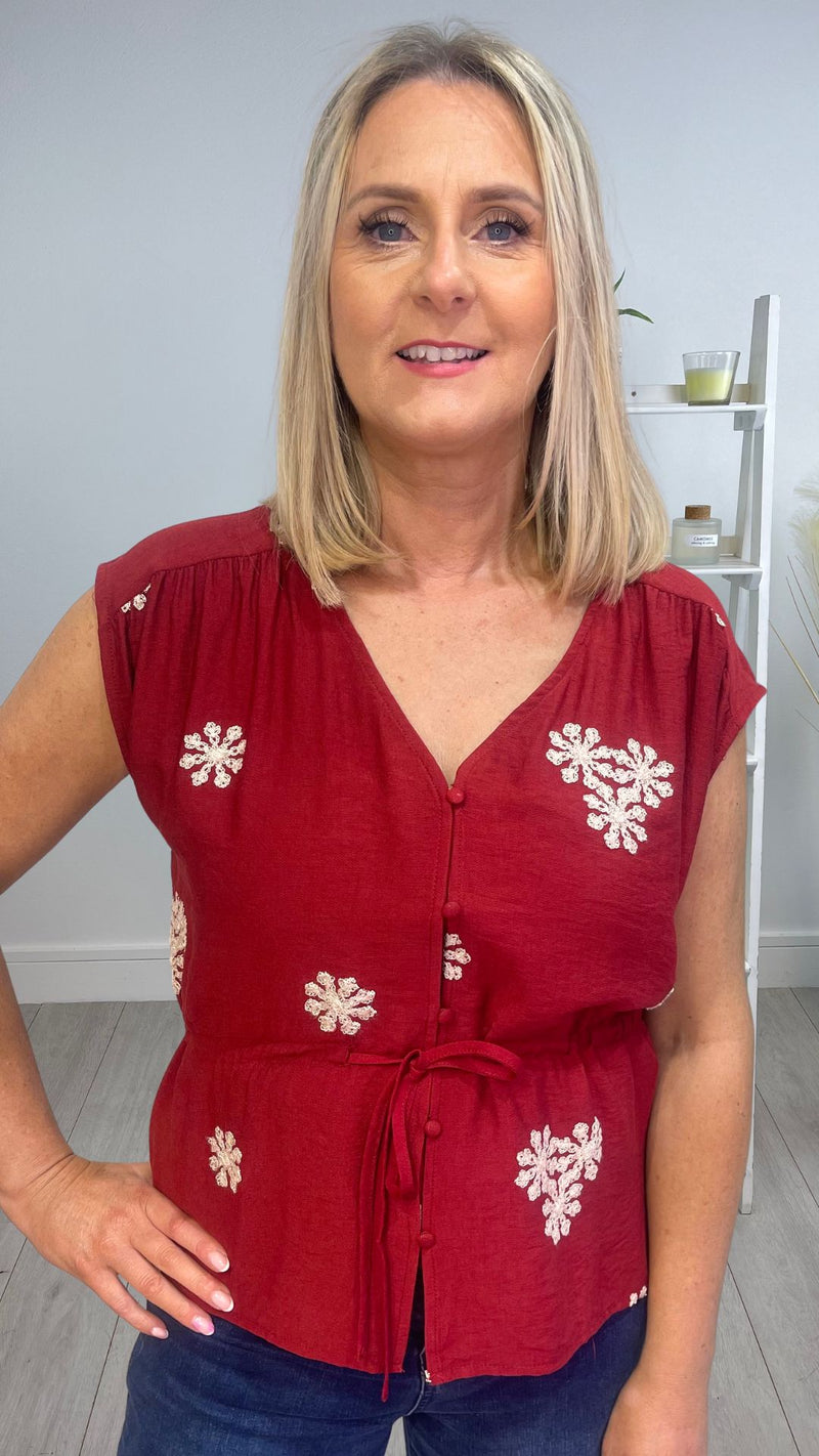 Jane - Wine  Embroidery Tie In Waist Top