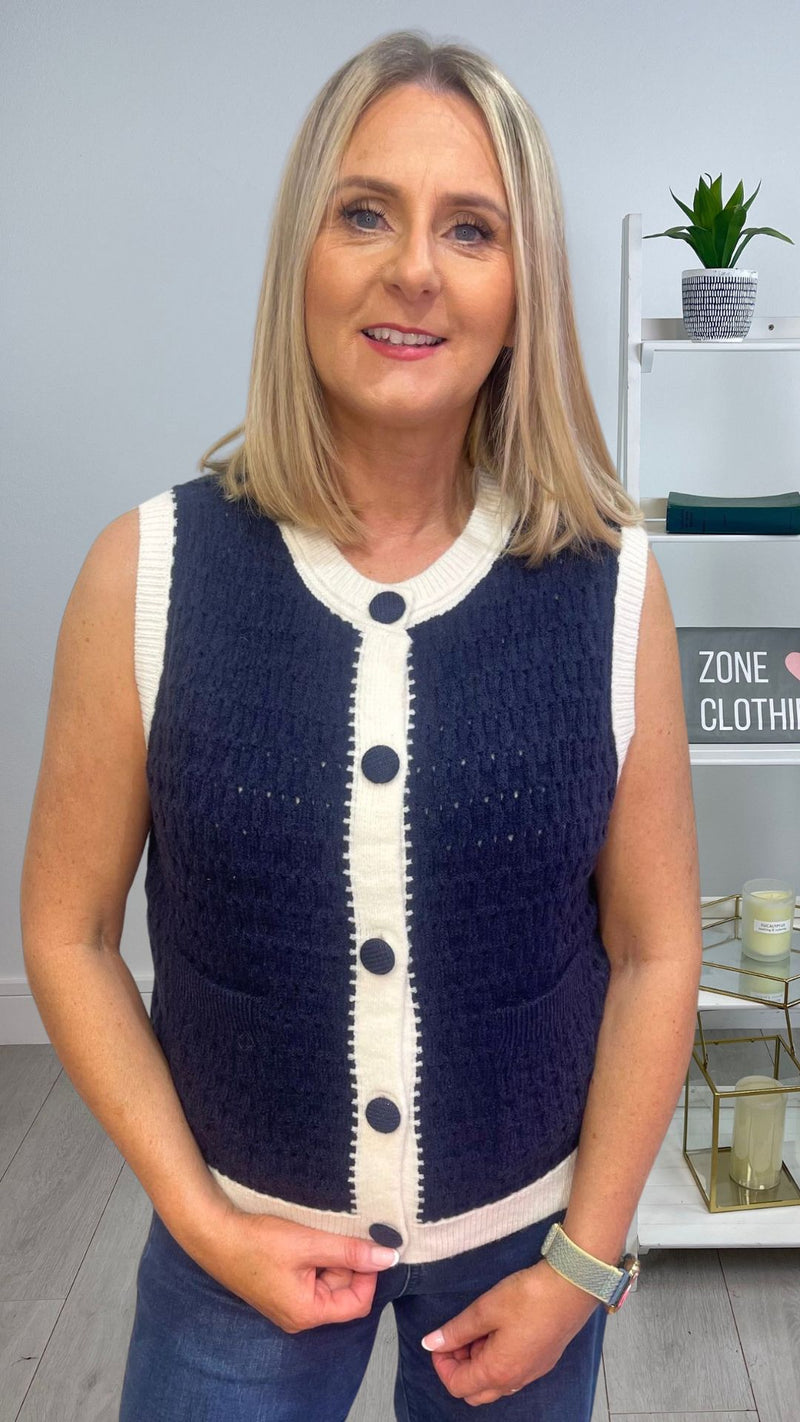 Olivia - Blue/Cream Button Knit Waistcoat
