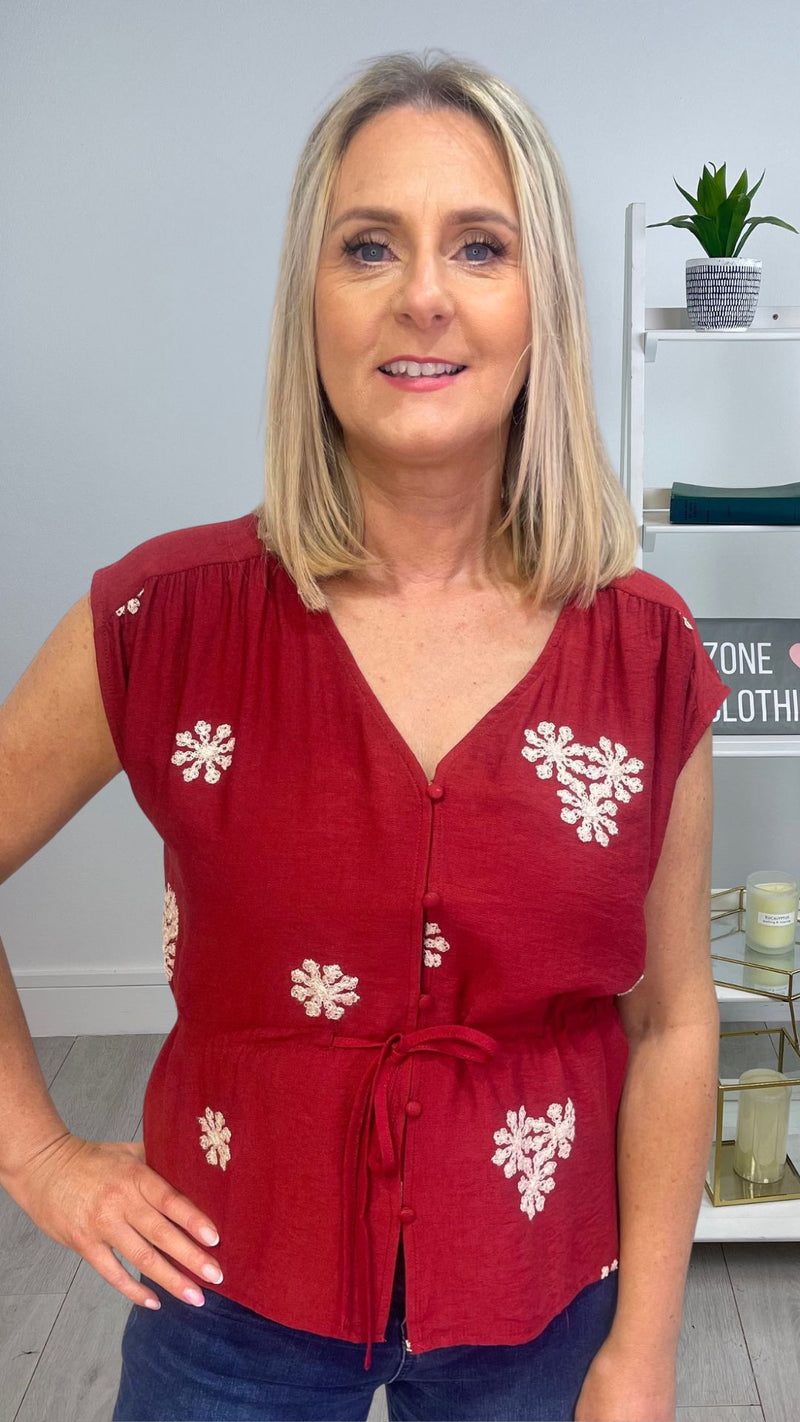 Jane - Wine  Embroidery Tie In Waist Top
