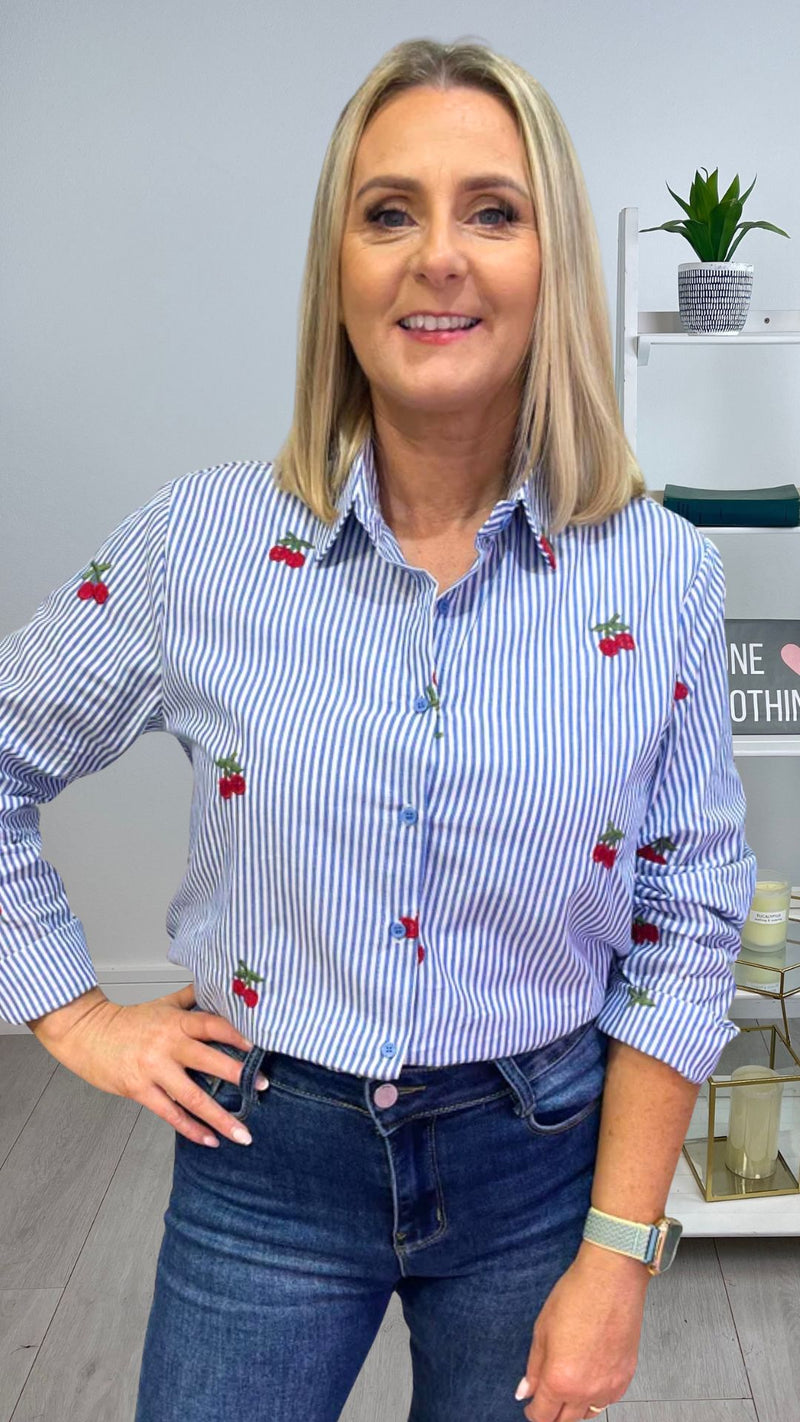Carrie - Blue Stripe Cherry Embroidered Top