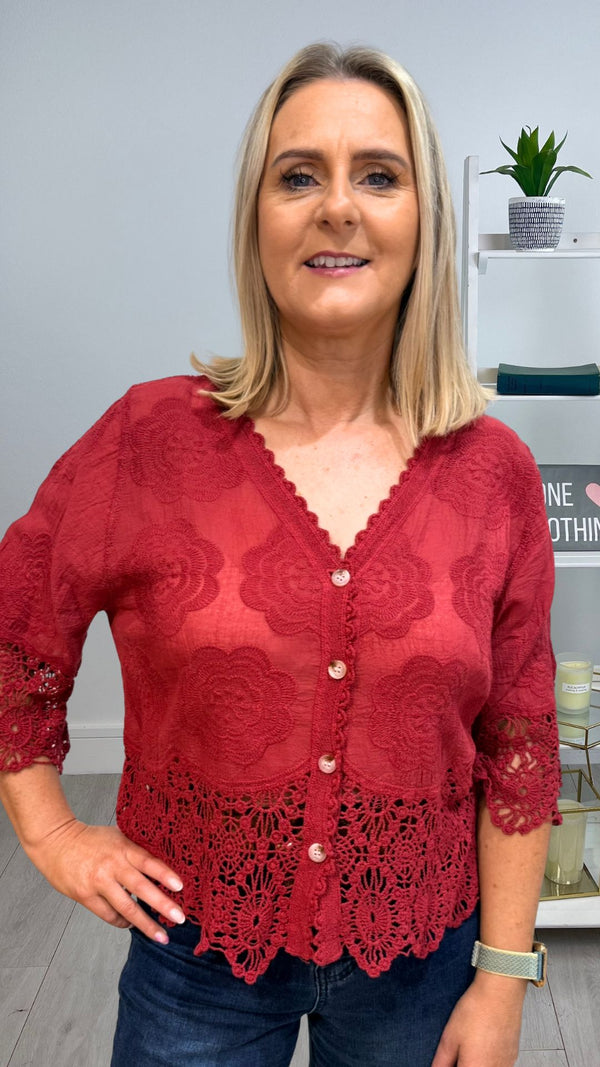 Zara - Wine Embroidery/Crochet Button Cardigan
