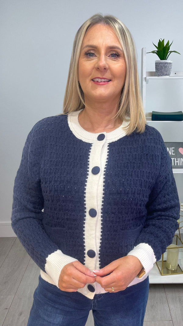 Melissa - Blue/Cream Contrast Knit Cardigan