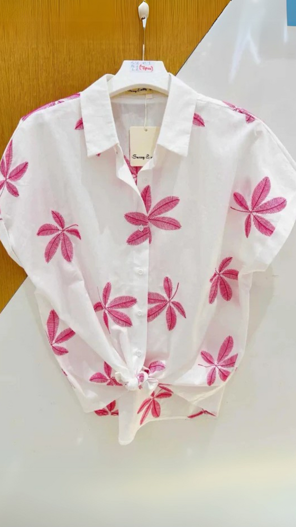 Tara - White/Pink Leaf Detail Embroidery Top