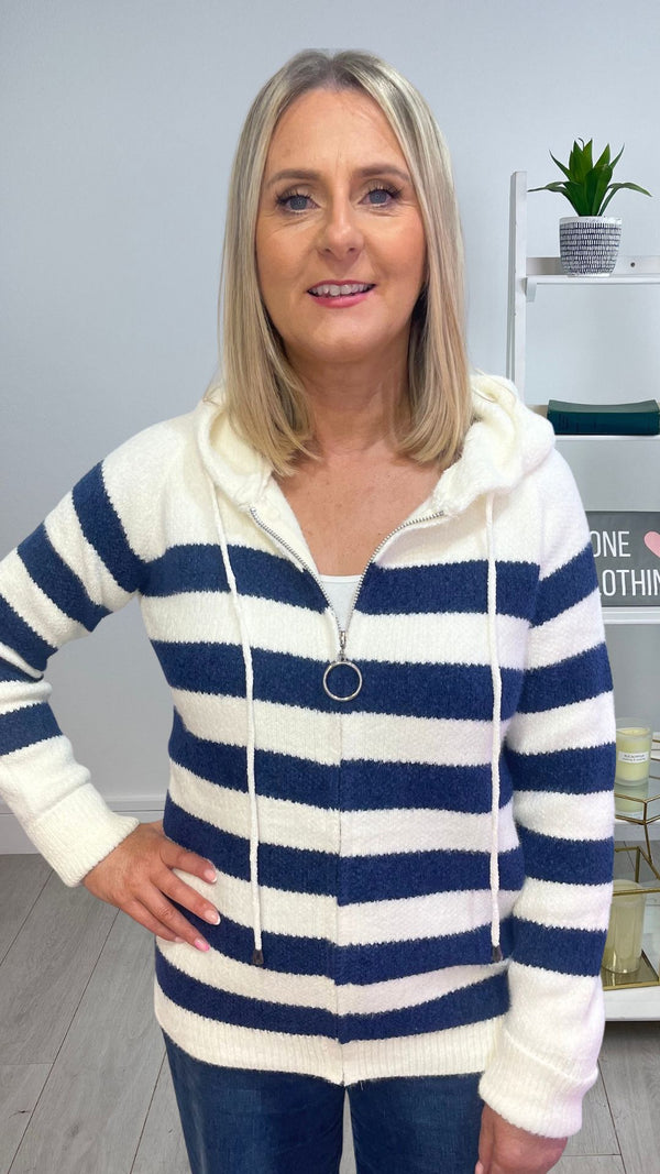 Abbie - Navy/Cream Zipped Hooded Knit