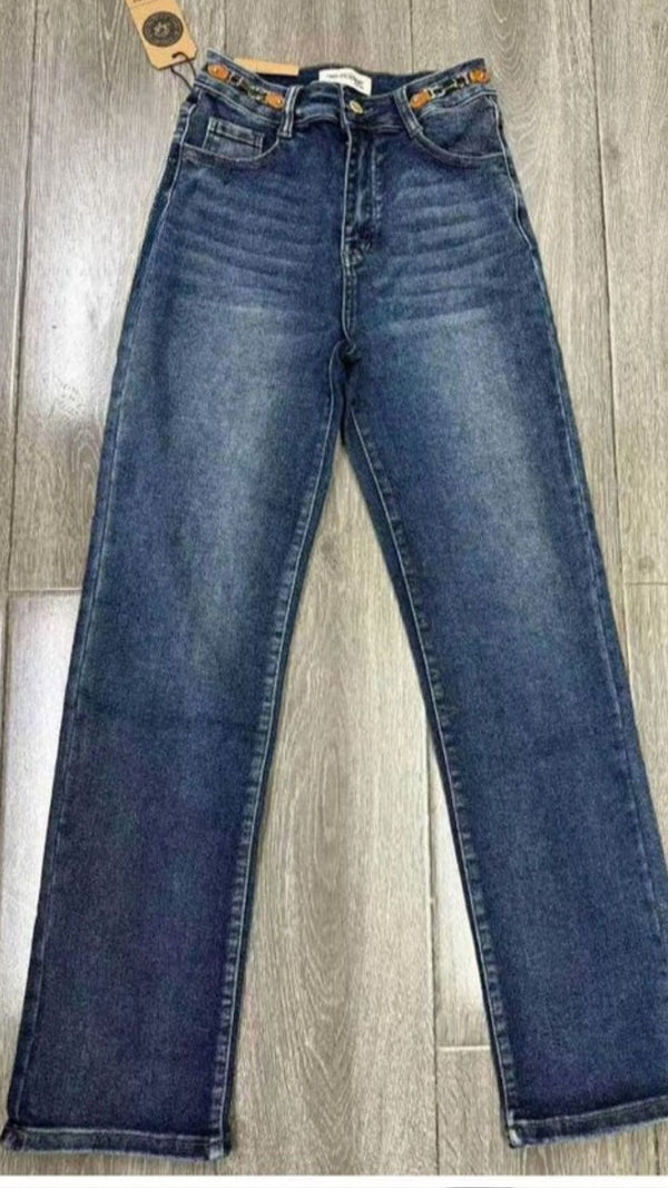 Brooklyn - Blue Buckle Trim Waist Straight  Leg Denims