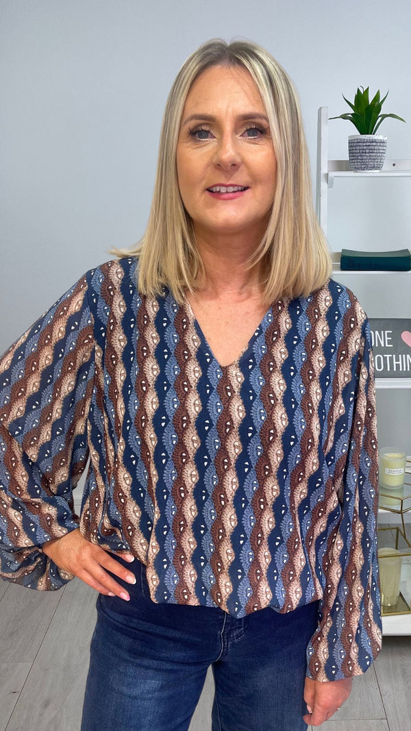 Naomi - Navy/Taupe Print Lined bubble Hem top