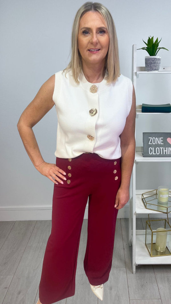 Chloe -  Wine  Button Wide Leg Trouser