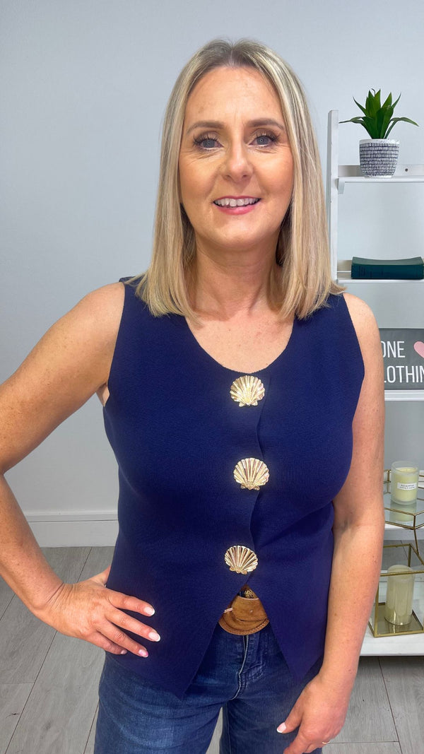 Una - Navy Gold Shell Button Knit waistcoat