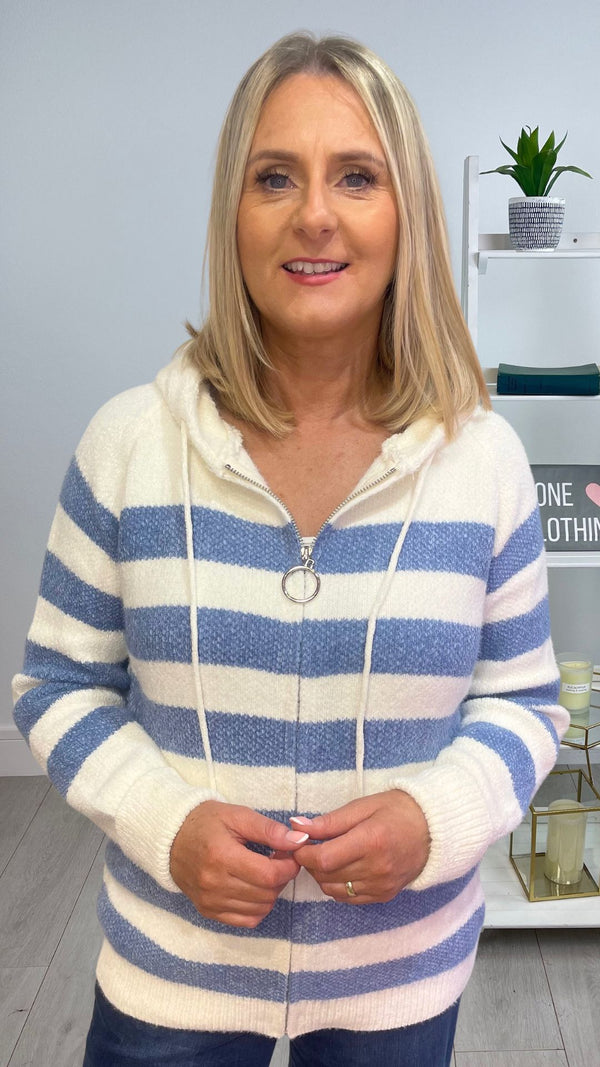 Abbie - Denim/Cream Zipped Hooded Knit