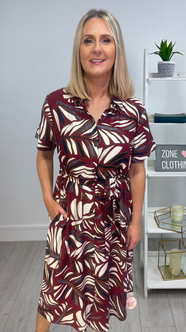 Tillie - Wine Palm Print Midi Shirt Dress