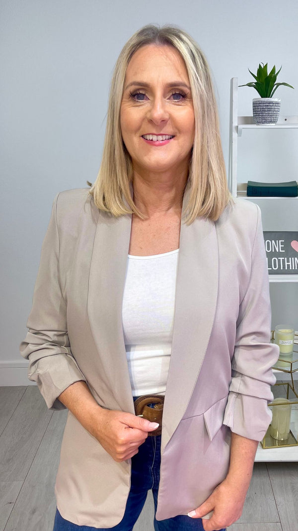 Leanne - Taupe lined Ruched Jacket