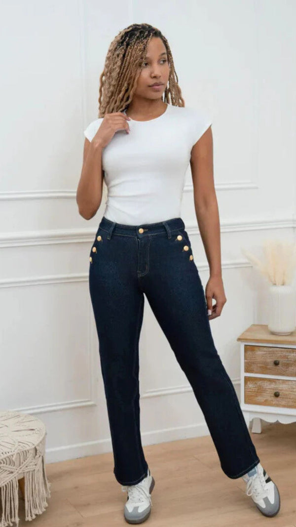 Hattie - Indigo Blue Denim  Button Straight Leg Jeans