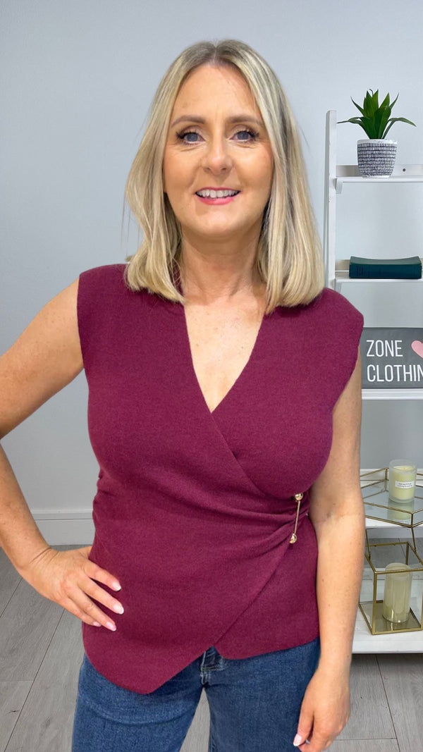 Minnie - Wine Crossover V Neck Knit