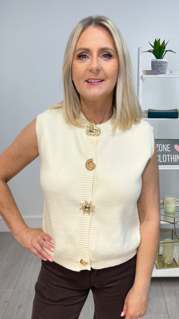 Cara - Cream Gold Button Knit