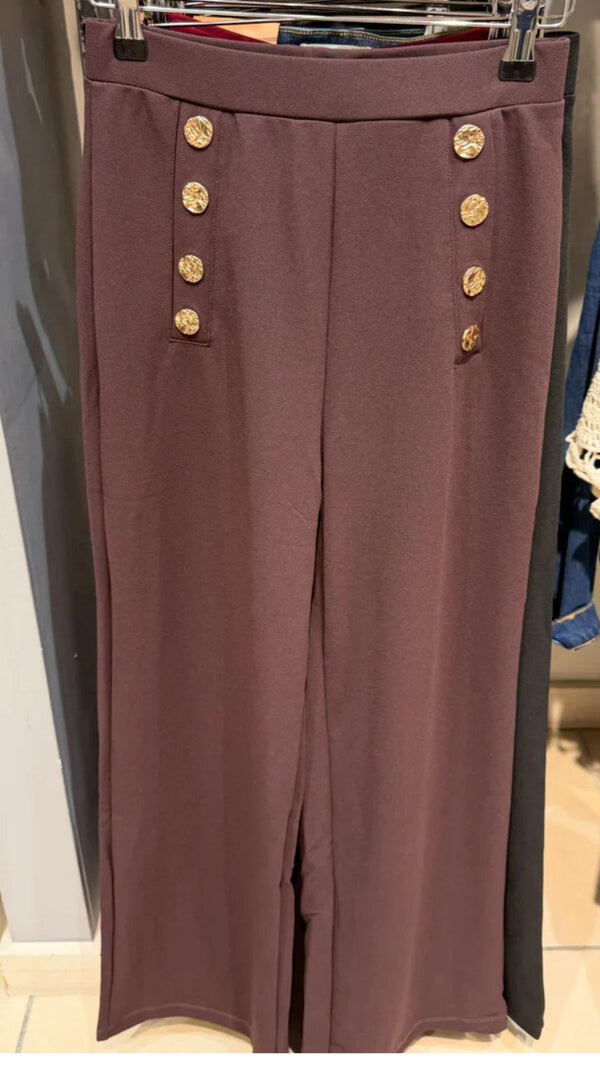 Chloe - Chocolate Button Wide Leg Trouser