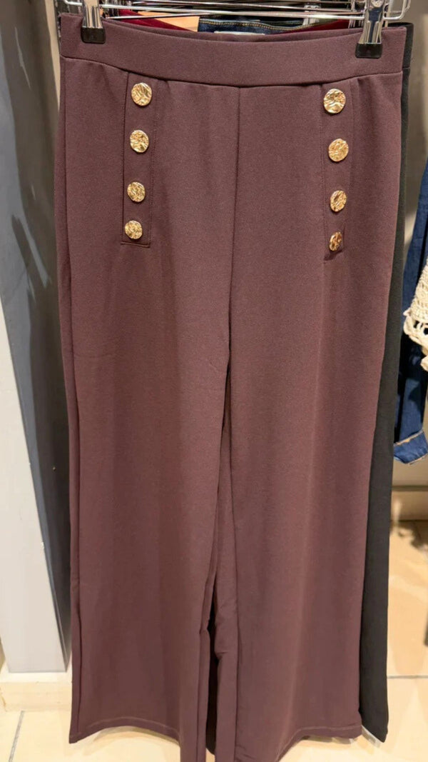 Chloe - Chocolate Button Wide Leg Trouser